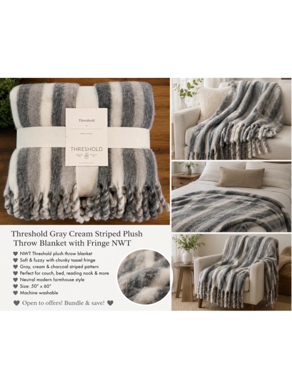 Threshold Gray Cream Striped Plush Throw Blanket Fringe Tassel Cozy NWT